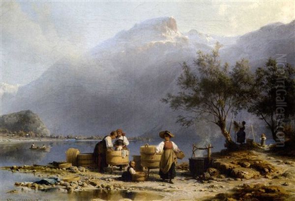 Wascherinnen Am See Oil Painting by Karl Girardet