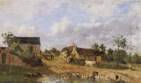 Bauernhauser Mit Ganseteich Im Vordergrund Oil Painting by Karl Girardet