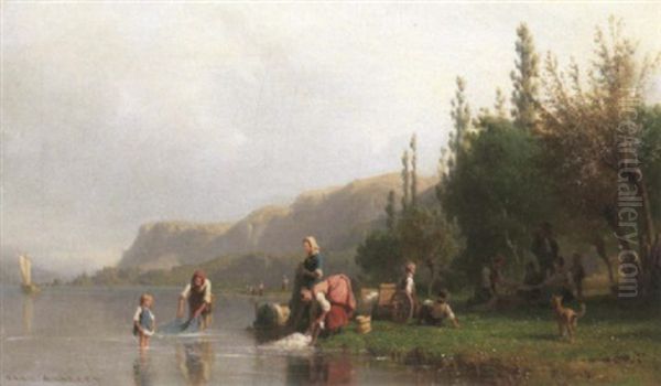 Wascherinnen Am Ufer Oil Painting by Karl Girardet