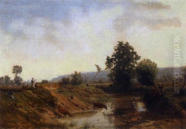 Sommerliche Landschaft Mit Vieh Und Bauerinnen Oil Painting by Karl Girardet