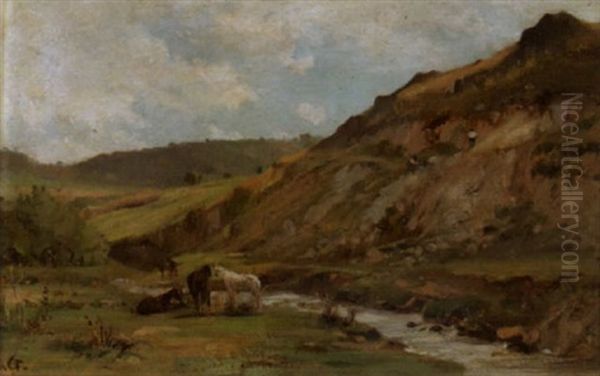 Sommerliche Weidenlandschaft Mit Pferden An Einem Bachlauf Oil Painting by Karl Girardet