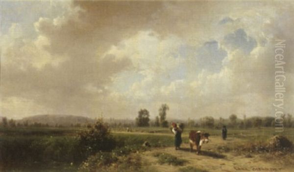 Landschaft Mit Magd Und Kuh Oil Painting by Karl Girardet