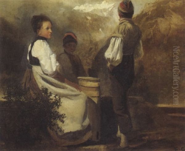 Frau Mit Zwei Kindern Und Bergkette Im Hintergrund Oil Painting by Karl Girardet