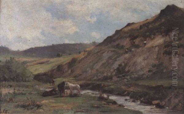 Sommerliche Landschaft Mit Pferden An Einem Bachlauf Oil Painting by Karl Girardet