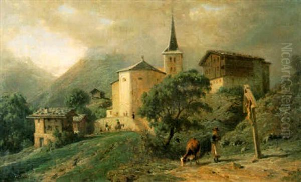 Kirchgang In Einem Bergdorf Oil Painting by Karl Girardet