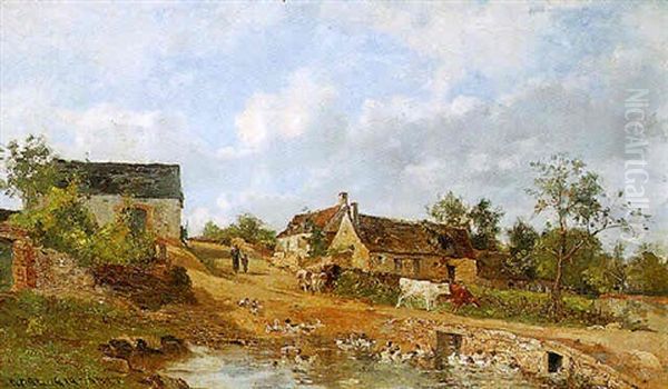 Bauerngehoft Mit Ententeich Oil Painting by Karl Girardet