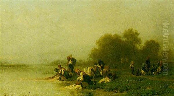 Wascherinnen Am Ufer Oil Painting by Karl Girardet