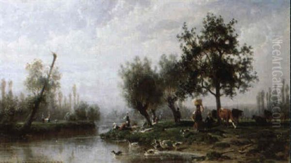 W,scherin Am Flus Mit Enten Oil Painting by Karl Girardet