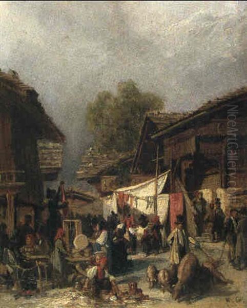 Dorfszene Oil Painting by Karl Girardet