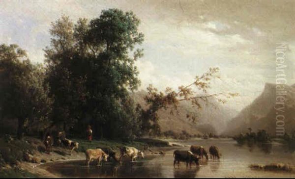 Kuhe Am Bergsee Oil Painting by Karl Girardet