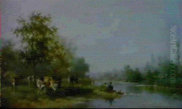 Romantische Flusslandschaft An Einem Sommertag Oil Painting by Karl Girardet