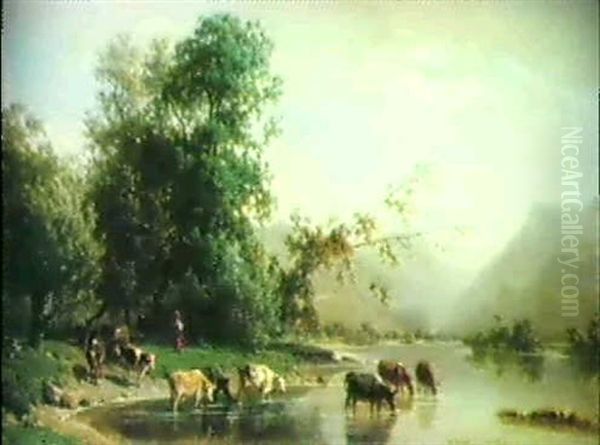 Kuhe Am Bergsee Oil Painting by Karl Girardet