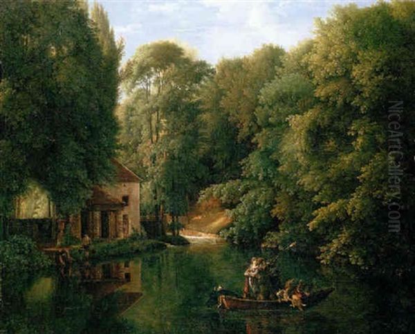 View Of La Brasserie At Ermenonville, With Sportsmen Shooting Duck On A River by Alexandre Francois Louis (Comte de) Girardin