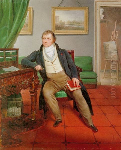 Portrait Of The Artist, Seated In An Interior Holding A Book And A Porte-crayon, A Landscape Painting On An Easel Behind Oil Painting by Alexandre Francois Louis (Comte de) Girardin