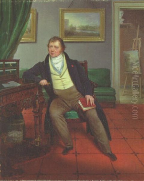 Portrait Of The Artist Holding A Book And A Porte-crayon, A Landscape Painting On An Easel Behind Oil Painting by Alexandre Francois Louis (Comte de) Girardin