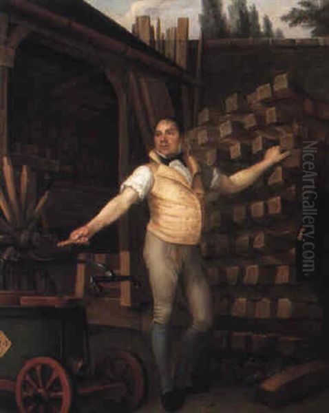 Wheelmaker With A Fire Engine In A Yard Oil Painting by Alexandre Francois Louis (Comte de) Girardin