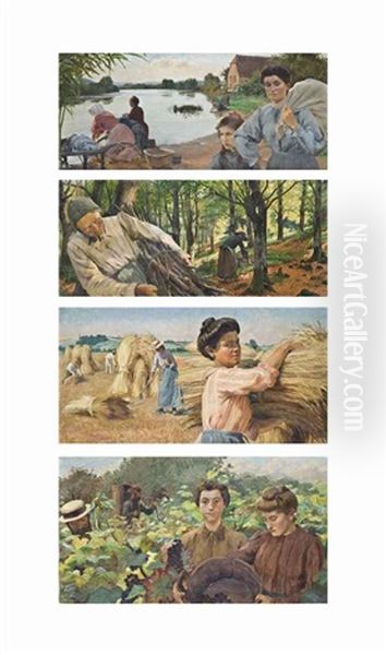 Allegories Of The Four Seasons: Les Lavandieres; La Moisson; Les Vendages; Les Fagotteuses (set Of 4) Oil Painting by Georges-Marie-Julien Girardot