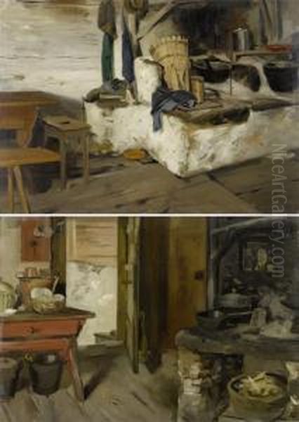 At The Stove/kitchen Interior Oil Painting by Hans Bachmann