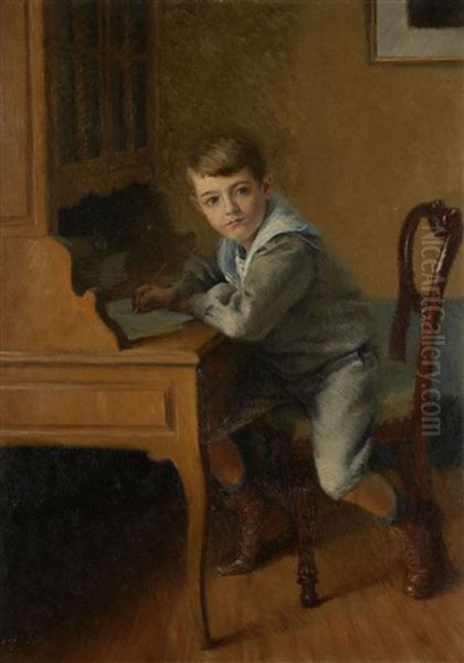 Portrait De Jean Girardot, Fils De L'artiste, A Son Bureau Et Portrait De Jean Girardot (2 Works) Oil Painting by Georges-Marie-Julien Girardot