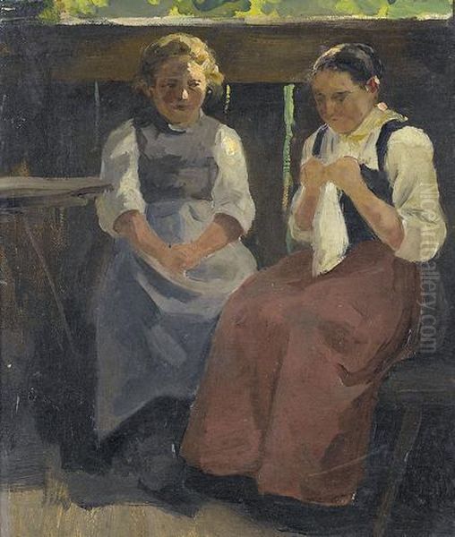 Zwei Trachtenfrauen Oil Painting by Hans Bachmann