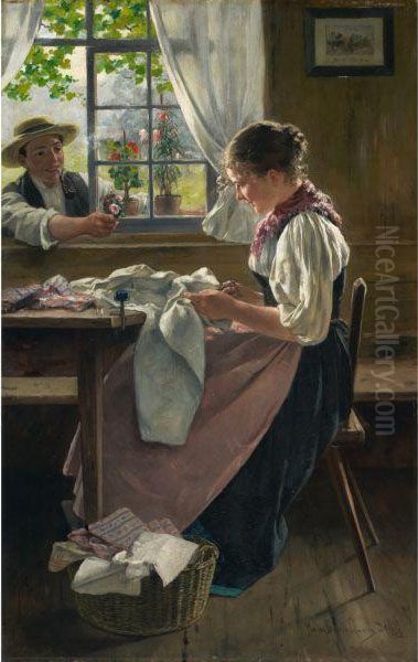 Nahendes Madchen Oil Painting by Hans Bachmann