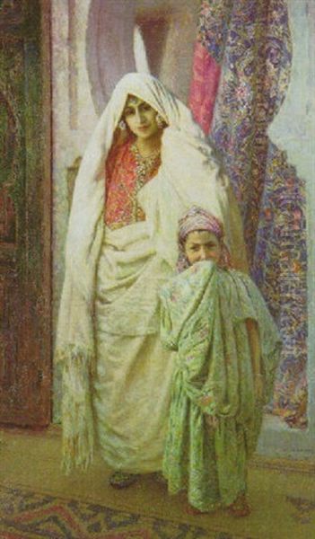 Femme Du Maroc Dans Son Interieur Avec Une Fillette Oil Painting by Louis Auguste Girardot