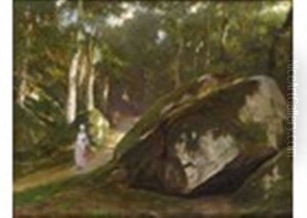 Elegant Lady In A Sunlit Forest Oil Painting by Eugene Pierre Francois Giraud