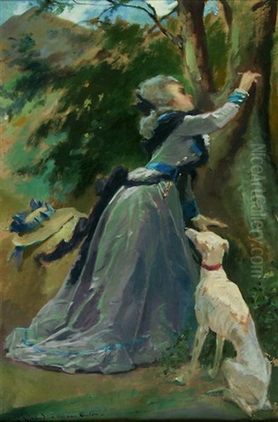 Junge Frau Mit Hund In Parklandschaft Oil Painting by Henri Emile Giraud