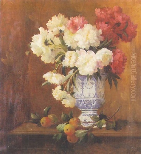 Bouquet De Pivoines Dans Un Vase De Delft by Jules Lazard Giraud