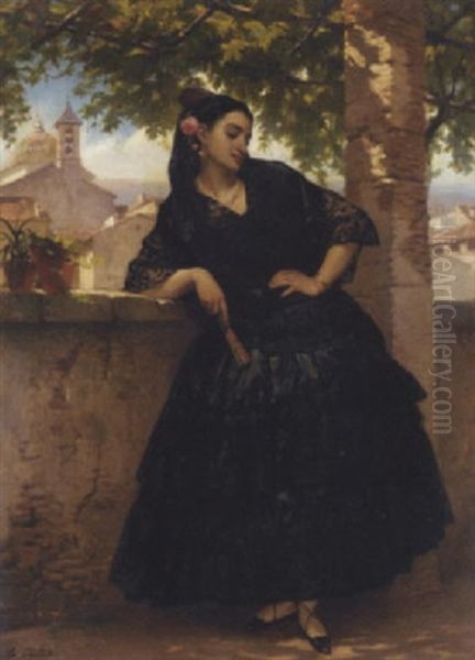 A Spanish Beauty With A Fan Oil Painting by Pierre Francois Gregoire Giraud