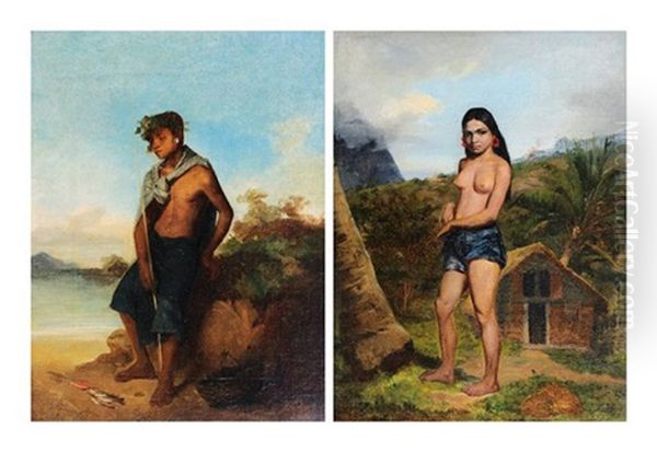 Pecheur Polynesien Et Femme Polynesienne (2 Works) Oil Painting by Sebastien Charles Giraud