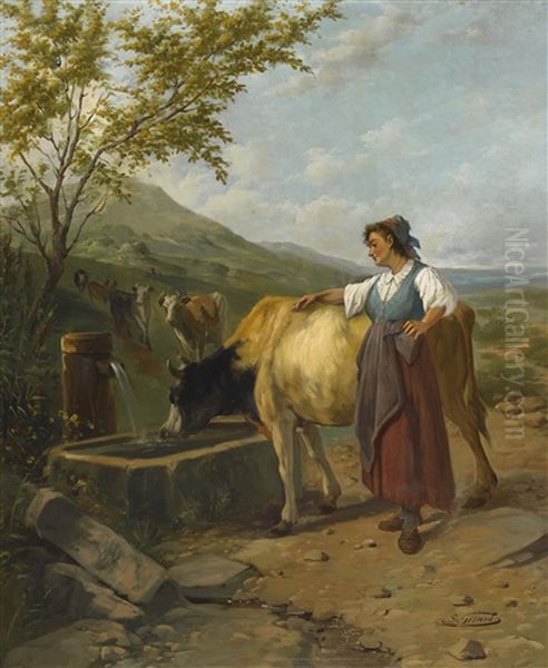 Bauerin Mit Kuh An Der Tranke Oil Painting by Sebastien Charles Giraud