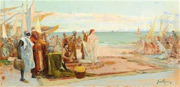 Market Scene On The North African Coast Oil Painting by David Eugene Girin