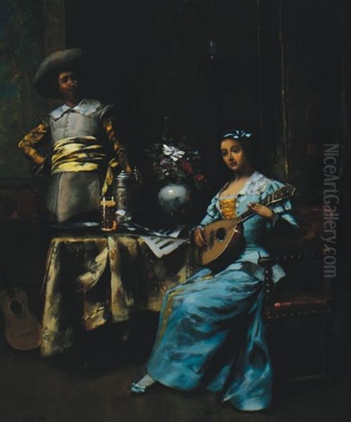 Lady Playing A Lute Oil Painting by David Eugene Girin