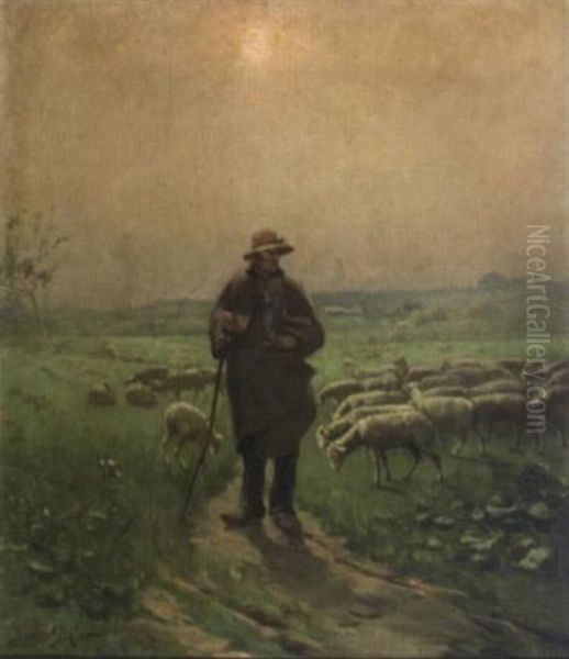 Berger Et Ses Moutons Oil Painting by David Eugene Girin