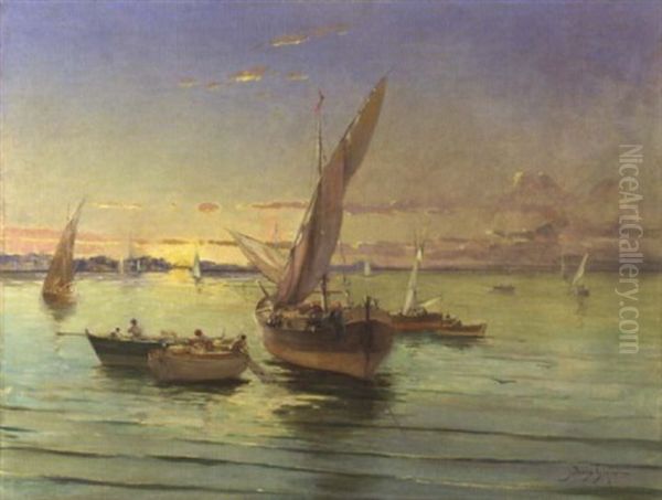 Barques De Peche Au Mouillage Dans Le Golfe De Saint Tropez (?) Oil Painting by David Eugene Girin