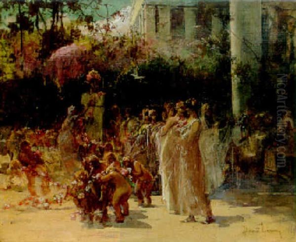 Preparing Flower Garlands Before A Classical Building Oil Painting by David Eugene Girin