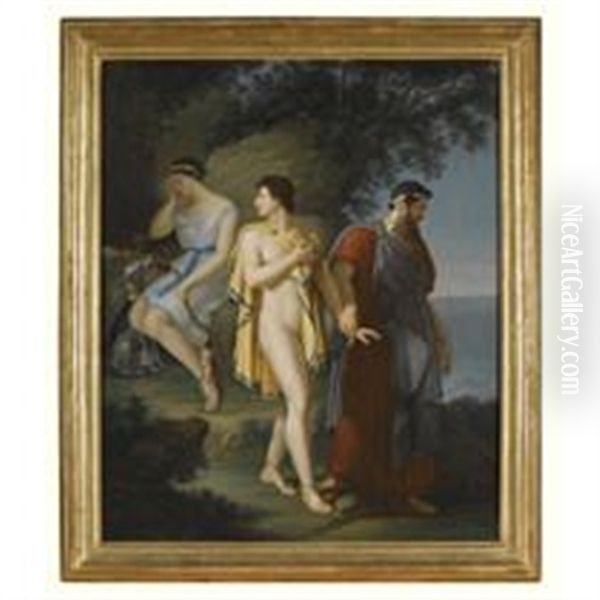 A Classical Scene With A Young Being Lef Away From A Young Nymph By His Father, Pyramus (?) Being Lead Away From Thisbe Oil Painting by Anne-Louis Girodet de Roucy-Trioson