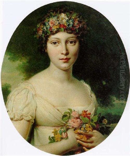 Portrait Of A Young Woman With A Wreath Of Flowers In Her Hair Holding A Bouquet Of Roses And Narcissus Oil Painting by Anne-Louis Girodet de Roucy-Trioson