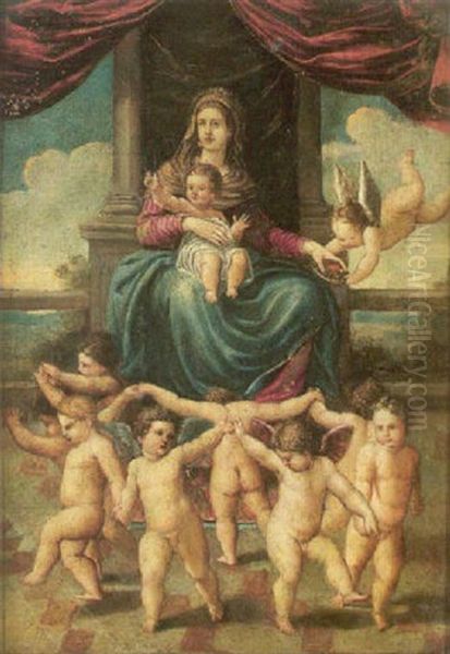 The Madonna And Child Enthroned, With Putti Dancing In The Foreground Oil Painting by  Girolamo da Carpi