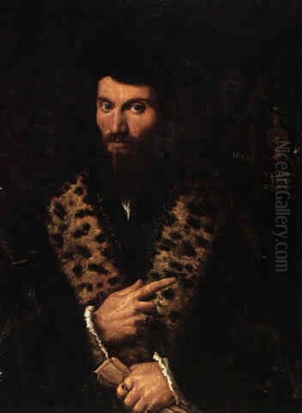 Portrait Of A Cleric Wearing A Black Costume Pointing To A Clock Oil Painting by  Girolamo da Carpi