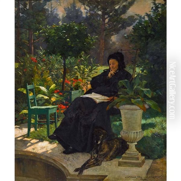 Nachdenkliche Dame Mit Hund Im Sommerlichen Garten Oil Painting by Charles Giron