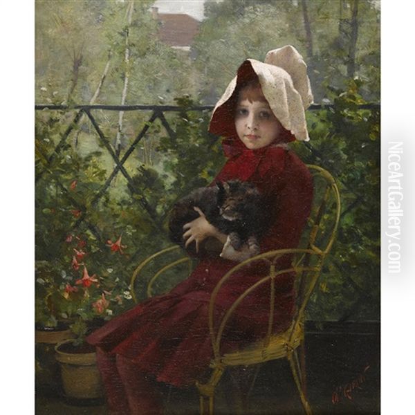 Jeune Fille En Rouge Avec Chat Oil Painting by Charles Giron