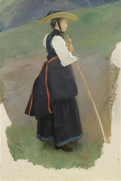 Bernerin In Tracht Bei Hohfluh Oil Painting by Charles Giron