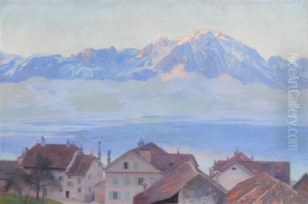 Lac Et Grammont, Lever De Soleil Sur Le Grammont Vue Depuis Rivaz Oil Painting by Charles Giron