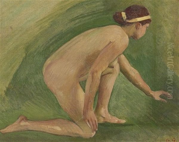 Kauernde, Unbekleidete Junge Frau Auf Grunem Grund Oil Painting by Charles Giron