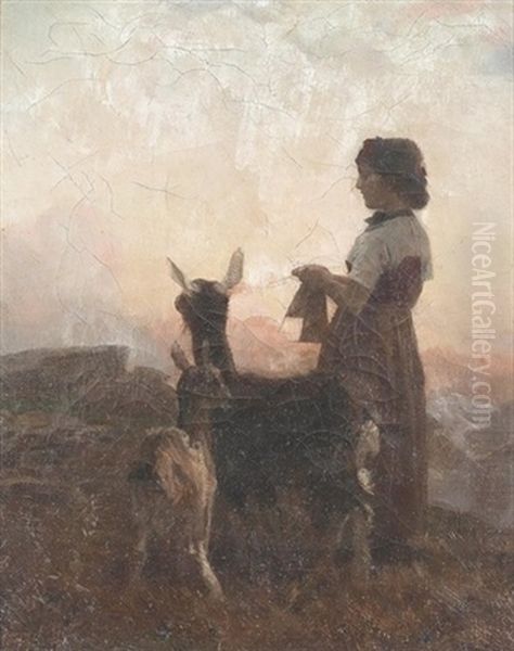 Junge Hirtin Mit Zwei Lamas In Der Abendsonne Oil Painting by Charles Giron