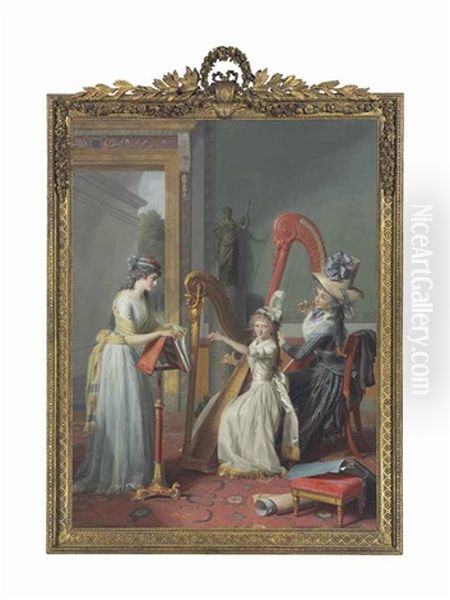 Mademoiselle D'orleans Taking A Harp Lesson Oil Painting by Jean-Antoine-Theodore Giroust