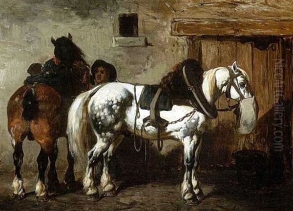 Stallbursche Mit Zwei Pferden Oil Painting by Achille Giroux