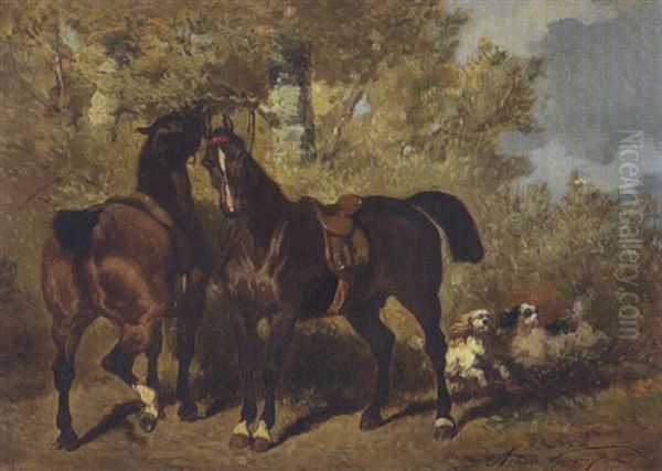 Zwei Braune Pferde Oil Painting by Achille Giroux